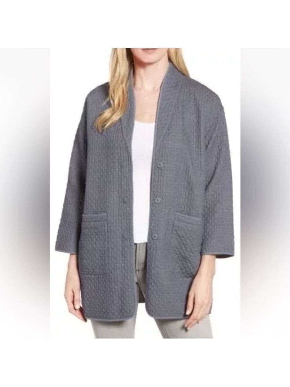 Eileen Fisher Washed Cotton Diamond Jacket Blue Grey Small Shawl Collar